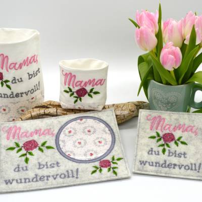 Stickdatei Muttertag SET Untersetzer Lichterbeutel Mama