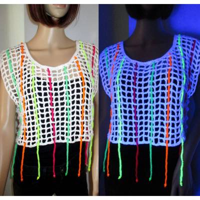Kurzes Netz-Top mit Schwarzlicht-Leucht-Bändern, Crop Top, Häkeltop, Top, Shirt