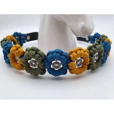 Stirnband / Stirnriemen für Pferde in breiter Blümchenoptik Goldgelb / Blau mit silbernen Perlem