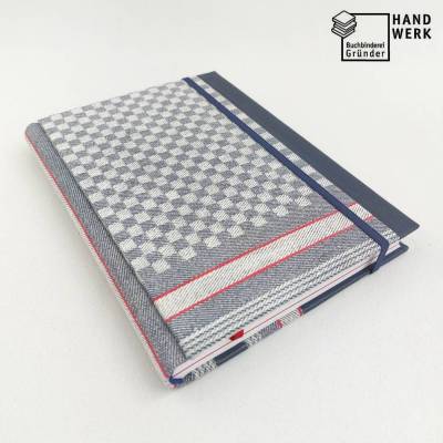 Notizbuch, Stiftschlaufe, blau grau rot, DIN A5, 150 Blatt, Grubentuch Unikat