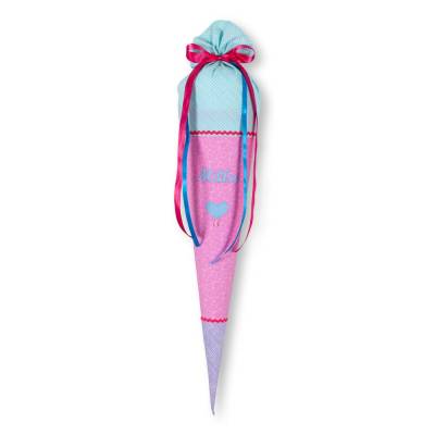 Schultüte Mädchen, Stoffschultüte mit Herz in Rosa, Mint und Flieder mit langen Schleifenbändern