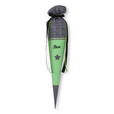 Schultüte, Stoffschultüte, Schultüte aus Stoff in Grün und Schwarz mit langen Schleifenbändern