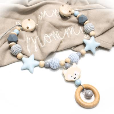 Kinderwagenkette FUCHS Silikon Holz mit Namen Name Silikonsterne Wagenkette Mädchen Junge 