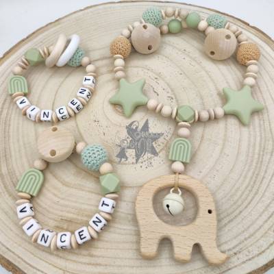 Set aus KinderwagenKette & Schnullerkette & Greifling & Namen