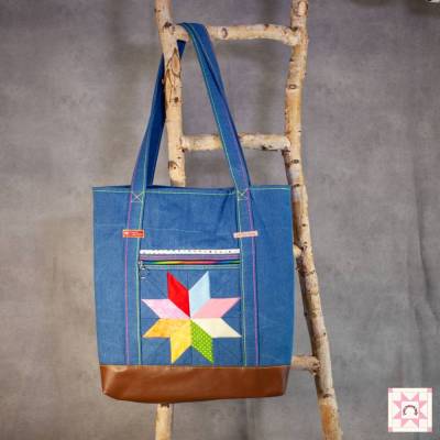 Shopper XXL, Jeans used look, Stern-Motiv, bunt