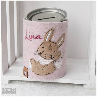 Spardose mit bestickter rosa Wollfilzhülle 'Hase Lotta mit Herz', personalisierbar