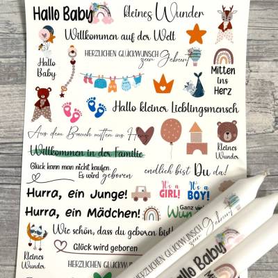 Kerzentattoo GEBURT, bunt, A4, Wasserschiebefolie, Kerzenfolie, Kerzensticker, Baby, Junge, Mädchen
