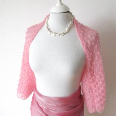 Braut Bolero rosa aus Kid-Mohair, zarter Shrug für Hochzeit,  Ärmelbolero gestrickt