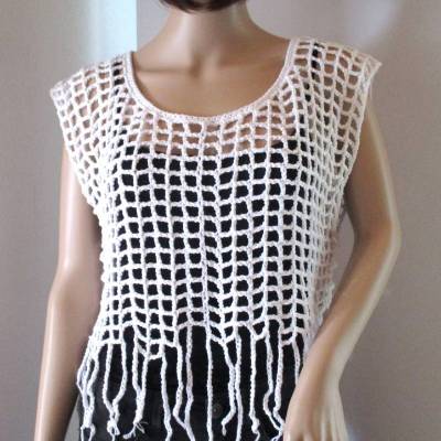 Kurzes Netz-Top mit Fransen, Crop Top, Häkeltop, Top, Shirt, freeform