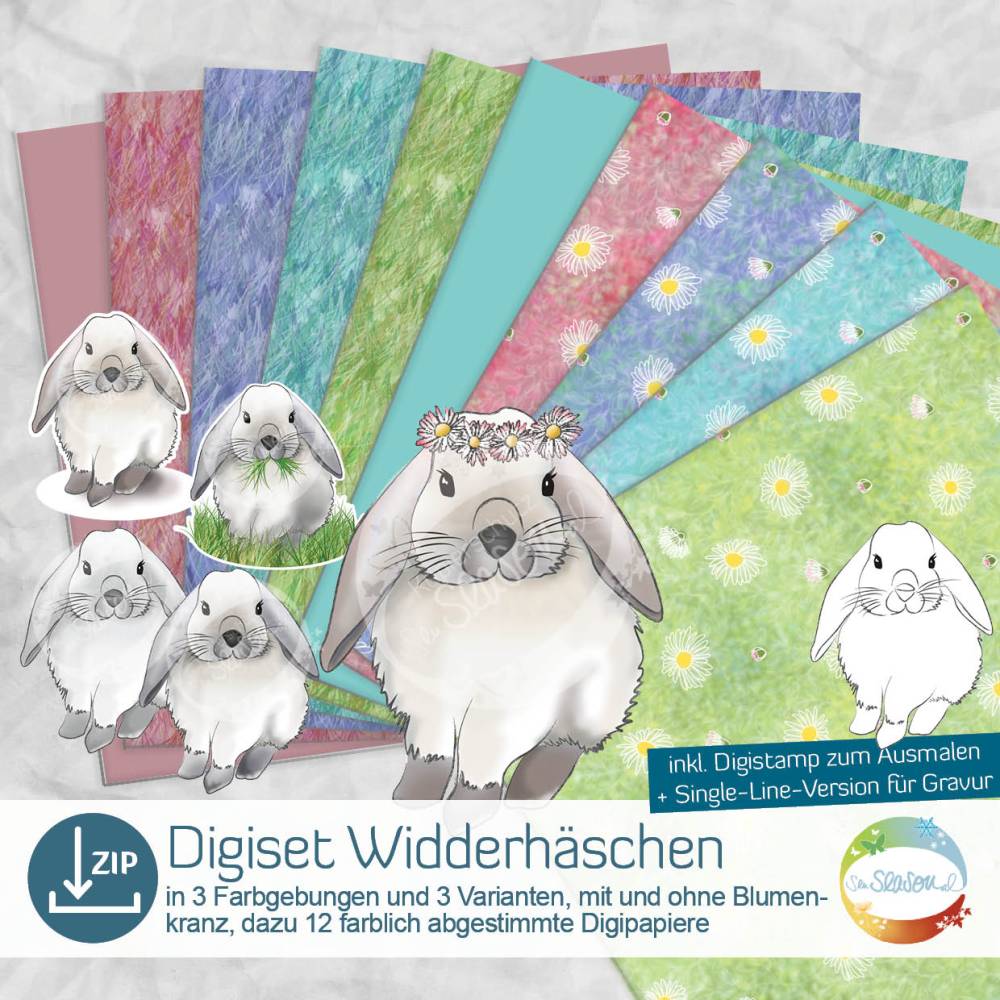 Digistampset Widderhäschen, Single-Line, Digitale Papiere und Stempel für Ostern, Grinchhase, Schlappohr-Hase, Kaninchen Bild 1