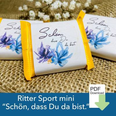 8 Banderolen Schön, dass Du da bist – Ritter Sport Mini Banderole als PDF zum Ausdrucken für Hochzeit, Gastgeschenk & Kommunion