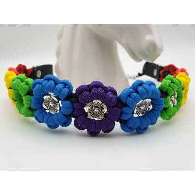 Stirnband / Stirnriemen für Pferde in breiter Blümchenoptik Regenbogen V1 mit silbernen Perlem