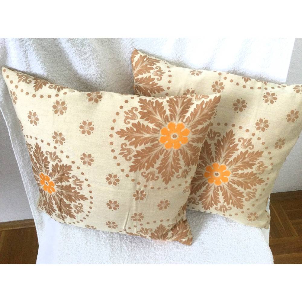 Vintage 2er-Set Kissenhüllen in beige-braun-orange aus den 70er Jahren