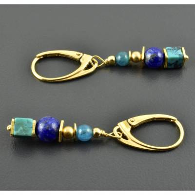 Ohrringe mit Lapislazuli, Türkis und Apatit, vergoldetes 925er Silber, Hängeohrringe vergoldet Edelsteine blau gold