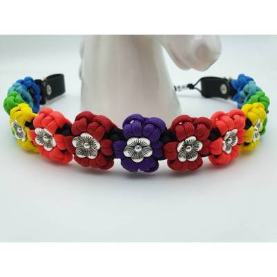 Stirnband / Stirnriemen für Pferde in schmaler Blümchenoptik Regenbogen V2 mit silbernen Perlem