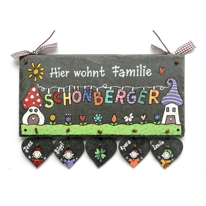 Wetterfestes Türschild aus Schiefer für Familien mit Name personalisiert. exklusives Schieferschild, dekoratives Haustürschild mit Figuren, individuelles Familiengeschenk Bild 1