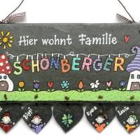 Wetterfestes Türschild aus Schiefer für Familien mit Name personalisiert. exklusives Schieferschild, dekoratives Haustürschild mit Figuren, individuelles Familiengeschenk