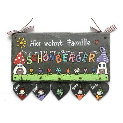 Wetterfestes Türschild aus Schiefer für Familien mit Name personalisiert. exklusives Schieferschild, dekoratives Haustürschild mit Figuren, individuelles Familiengeschenk
