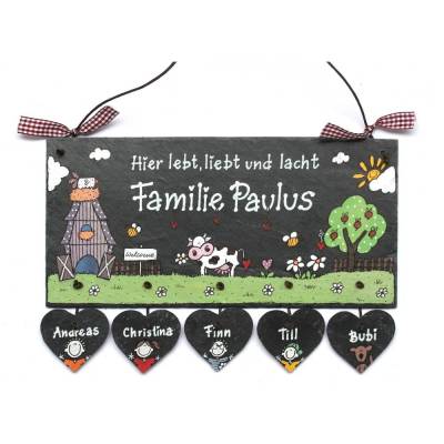 Türschild Familie aus Schiefer mit Herzanhänger, Schieferschild wetterfest, Haustürschild mit Name, Familienschild mit Bauernhofmotiv, exklusives Familiengeschenk