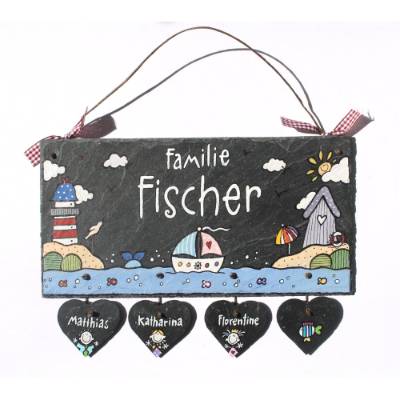 Haustürschild für Familien personalisiert mit Name, Türschild aus Schiefer für die Haustür, exklusives Schieferschild wetterfest, maritimes Schild, individuelles Familiengeschenk