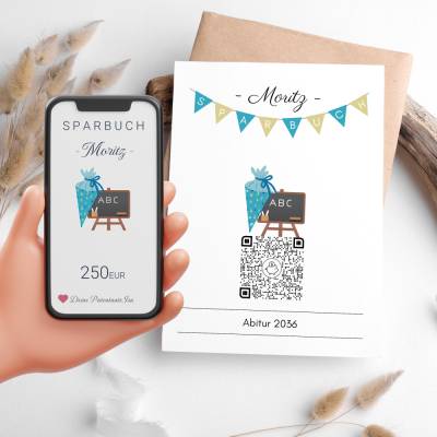 Schulanfang Geldgeschenk | Digitales Sparbuch | QrCode Postkarte DIN A6 inkl. Briefumschlag und Anhänger | Schultüte