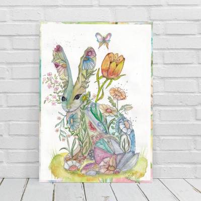 BLUMENHÄSCHEN Aquarell im Landhausstil auf Holz Leinwand Kunstdruck Wanddeko Hase Frühling im Shabby Landhausstil