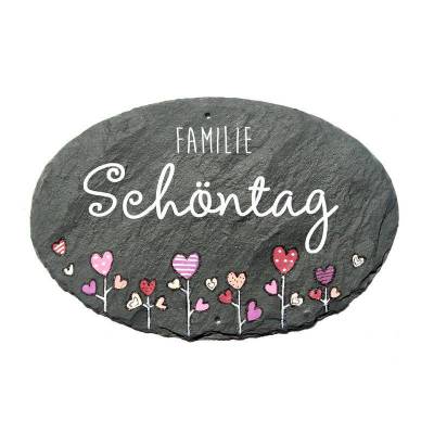 Personalisiertes Schiefertürschild für Familien – Handbemalt mit Herzblumen, wetterfest & individuell, einzigartiges Haustürschild mit Name, exklusives Familiengeschenk