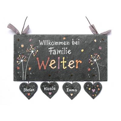 Handgemachtes Türschild aus Schiefer mit Namen personalisiert – Exklusives Familientürschild als Hochzeitsgeschenk, individuelles Willkommensschild wetterfest & dekorativ