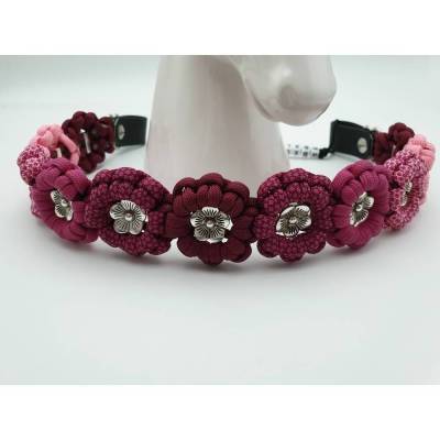 Stirnband / Stirnriemen für Pferde in breiter Blümchenoptik Rose / Fuchsia / Burgundy mit silbernen Perlem