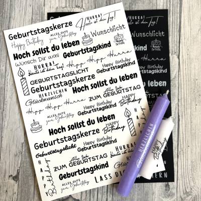 Kerzentattoo HIPP HIPP HURRA weiß o. schwarz,  A4, Wasserschiebefolie, Kerzenfolie, Kerzensticker, Geburtstag