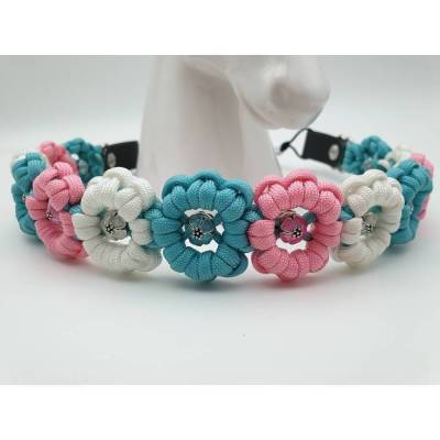 Stirnband / Stirnriemen für Pferde in breiter Blümchenoptik Hellblau / Rosa / Weiß