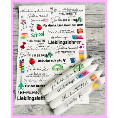 Kerzentattoo LEHRERIN, A4, Wasserschiebefolie, Kerzenfolie, Kerzensticker, Tattoofolie, Schule, Lehrer, Kerzendeko