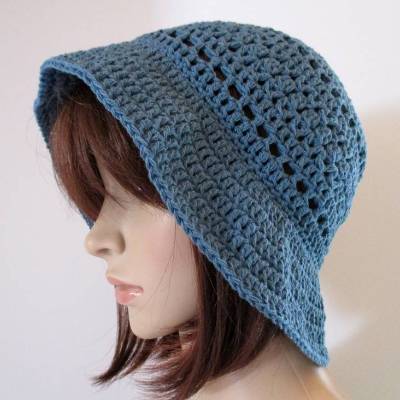 Sommer-Hut, Bucket Hat mit Lochmuster aus tollem Garn aus Baumwolle mit Leinen und Viskose, Häkelhut