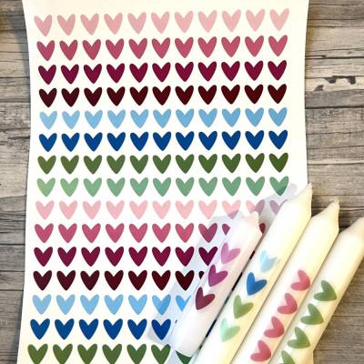 Kerzentattoo HERZEN BUNT, A4, Wasserschiebefolie, Kerzenfolie, Kerzensticker, Tattoofolie, Herzen farbig, Liebe