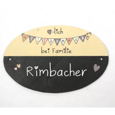 Ovales Schieferschild personalisiert – Familienschild als individuelles Türschild aus Naturschiefer, einmaliges Einzugsgeschenk, wetterfestes Schieferschild