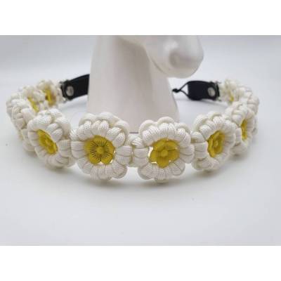 Stirnband / Stirnriemen für Pferde in breiter Blümchenoptik Weiß mit gelben Perlen