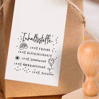 Spruchstempel - Inhaltsstoffe - Freude - Glückseligkeit - Spannung - Überraschung - Juchuu - Holzstempel - Motiv: 978