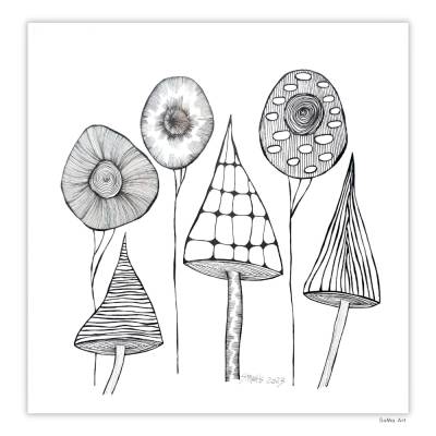Original Crazy Flowers, Tuschezeichnung, 30 cm x 30 cm, ungerahmte Designerkunst auf Papier, Schwarz-Weiss, Kunst