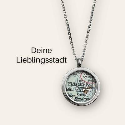 Medaillonkette mit Wunschstadt aus original Landkarte – persönliches Unikat aus Edelstahl