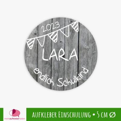 15 Aufkleber | Endlich Schulkind - Wimpel - personalisierbar | Schulanfang, Aufkleber in Holzoptik grau