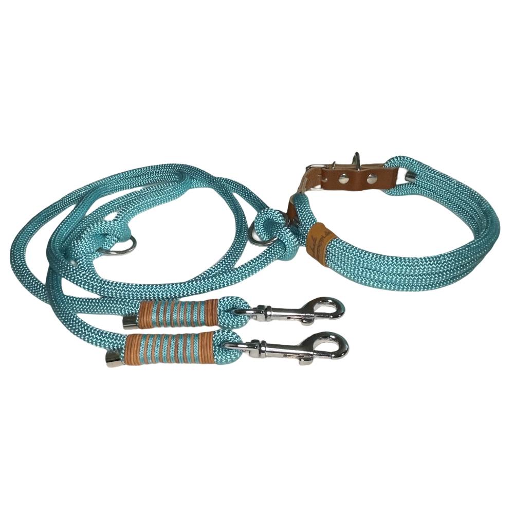 Leine Halsband Set, Tau 10 mm, verstellbar, trkis, cognac, mit Leder und  Schnalle