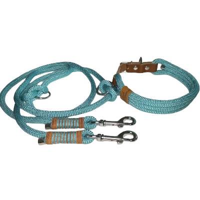 Leine Halsband Set, Tau 10 mm, verstellbar, türkis, cognac, mit Leder und Schnalle