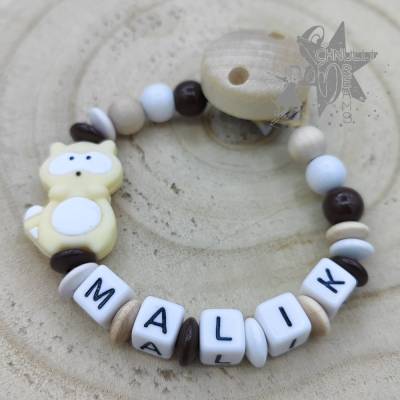 Schnullerkette mit Name Waschbär beige 