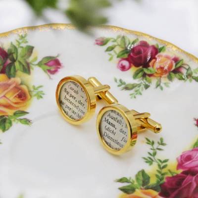 Manschettenknöpfe mit deinem Statement aus original Wörtebuch // Edelstahl // vergoldet // Geschenk zur Hochzeit