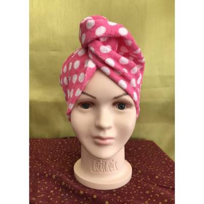 Haarturban aus DDR Frottee – Rosa mit weißen Punkten – Handtuch Turban Nostalgie und Ostalgie