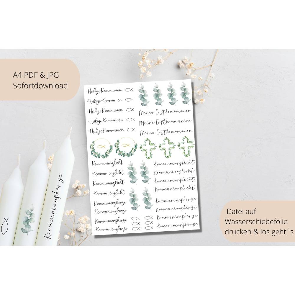 PDF Vorlage für Kerzen I Kommunion I Kerzentattoo Stabkerzen Wasserschiebefolie | Druckvorlage Kerzensticker Bild 1