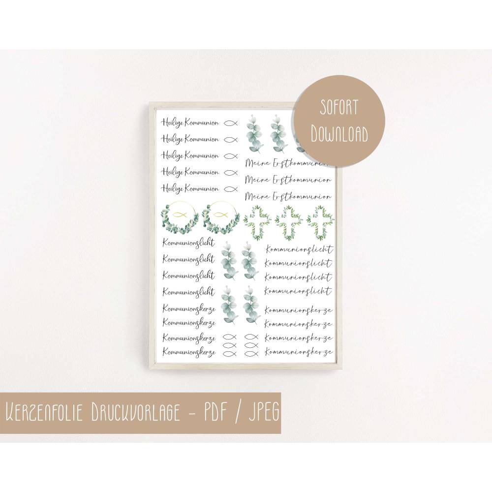 PDF Vorlage für Kerzen I Kommunion I Kerzentattoo Stabkerzen Wasserschiebefolie | Druckvorlage Kerzensticker Bild 2