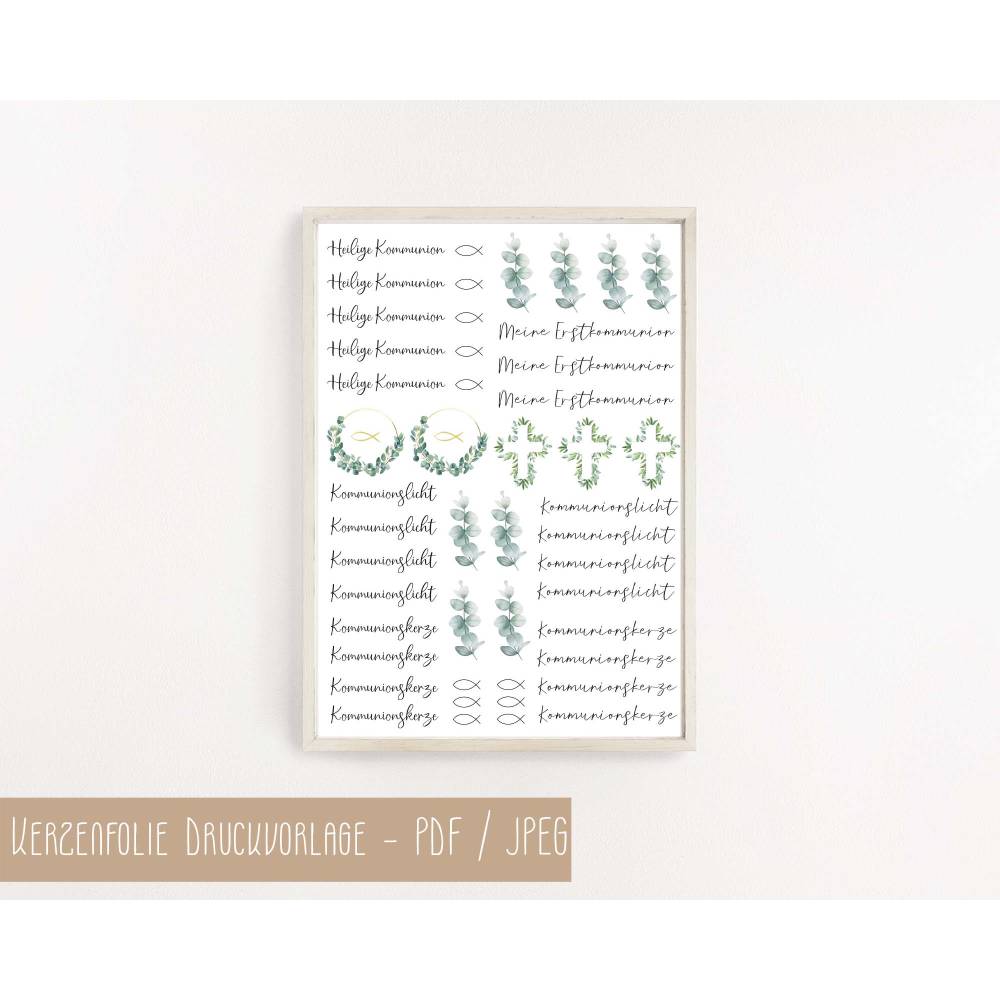 PDF Vorlage für Kerzen I Kommunion I Kerzentattoo Stabkerzen Wasserschiebefolie | Druckvorlage Kerzensticker Bild 5
