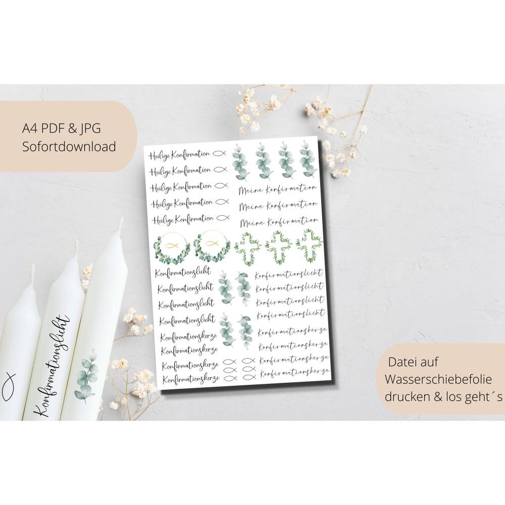 PDF Vorlage für Kerzen I Konfirmation I Kerzentattoo Stabkerzen Wasserschiebefolie | Druckvorlage Kerzensticker Bild 1