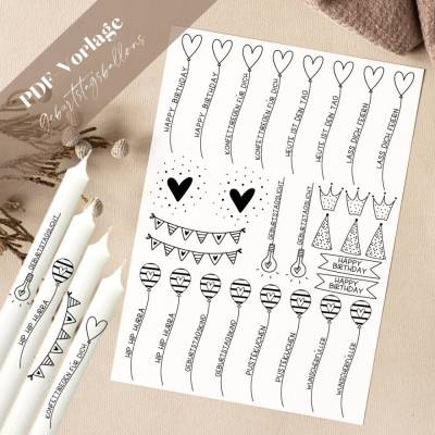 Geburtstag Ballon PDF Vorlage Kerzentattoo Kerzensticker Kerzen Hip Hip Hurra Pustekuchen Konfetti Wunscherfüller Happy